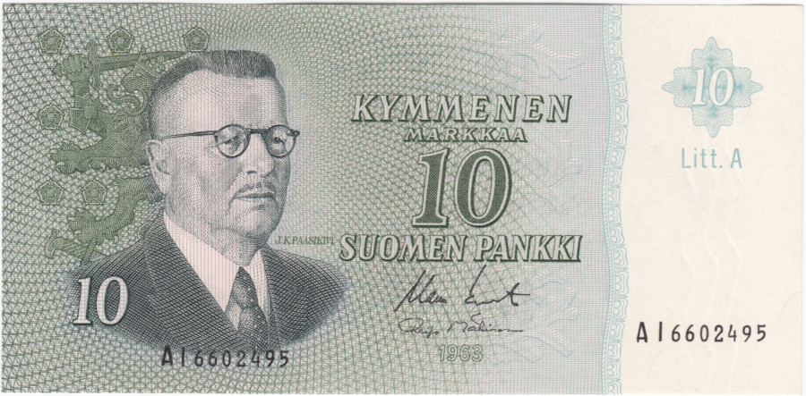 10 Markkaa 1963 Litt.A AI6602495 kl.9